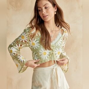 Francesca's Sage Green Lucy Daisy Crochet Pullover